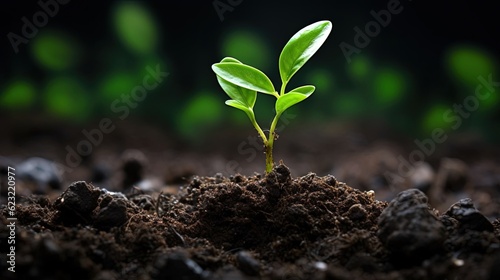 Young green plant in soil, ecological background. Created with Generative Ai technology.