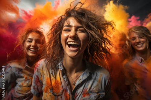 teenager having fun, colourful powder background