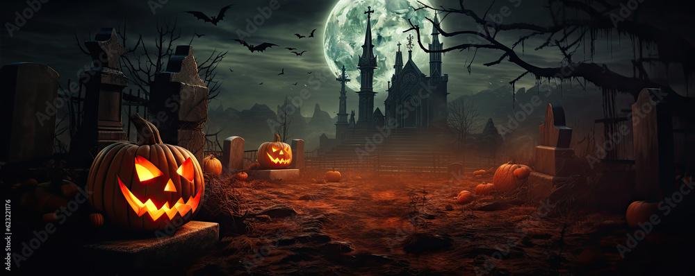 Halloweens and Pumpkin, Graveyard cemetery, Spooky or scary dark Night. Halloweens and Pumpkin, Graveyard cemetery, Spooky or scary dark Night.