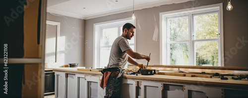 Worker or carpenter installing new modern kitchen. photo