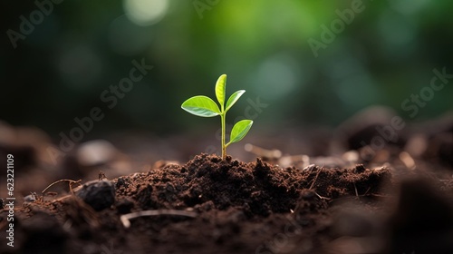 Young green plant in soil, ecological background. Created with Generative Ai technology.