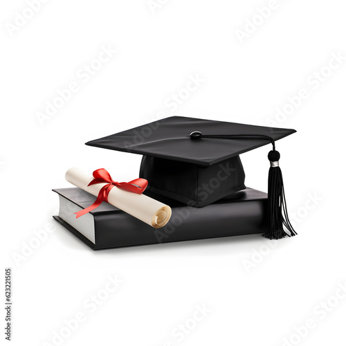 Graduation Cap With Book And Degree Isolated on White Background