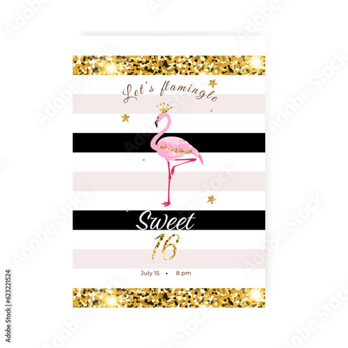 Gold glitter Sweet Sixteen invitation card with a flamingo. Template.