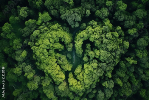 Mother earth heart in a forest from a drone point of view