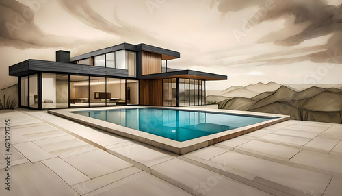 Architectural drawing style contemporary villa with pool © Roman Sigaev
