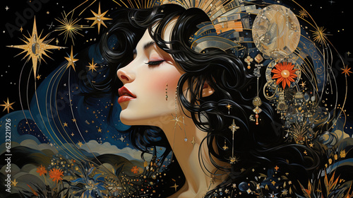 Art Nouveau tarot and mindfulness woman illustration