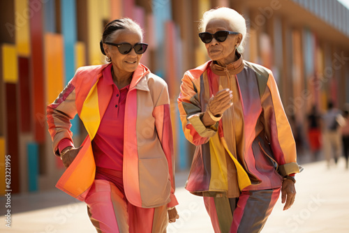 Mature woman dress with colourful clothing walking alone on sunny day