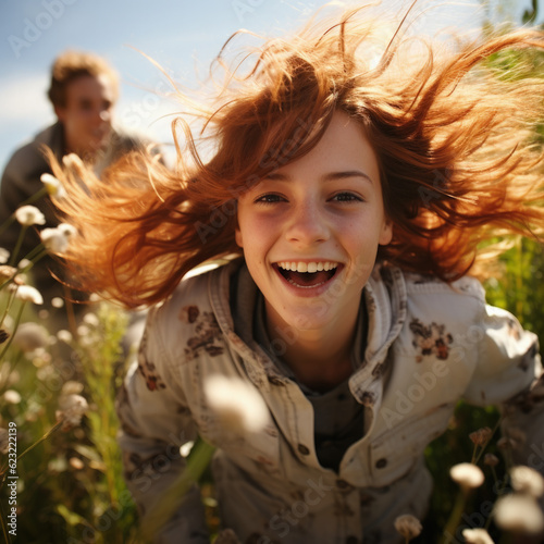 Teenage red hair girl running in a field on a sunny day