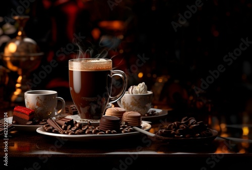 Against a rich, deep brown background, an enticing array of coffee and chocolate drinks beckon with their irresistible allure. The velvety hue of the backdrop complements the warm tones of the beverag photo