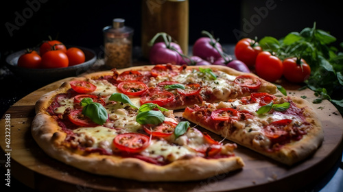 Delicious appetizing italian pizza new quality universal colorful technology stock image illustration design, generative ai