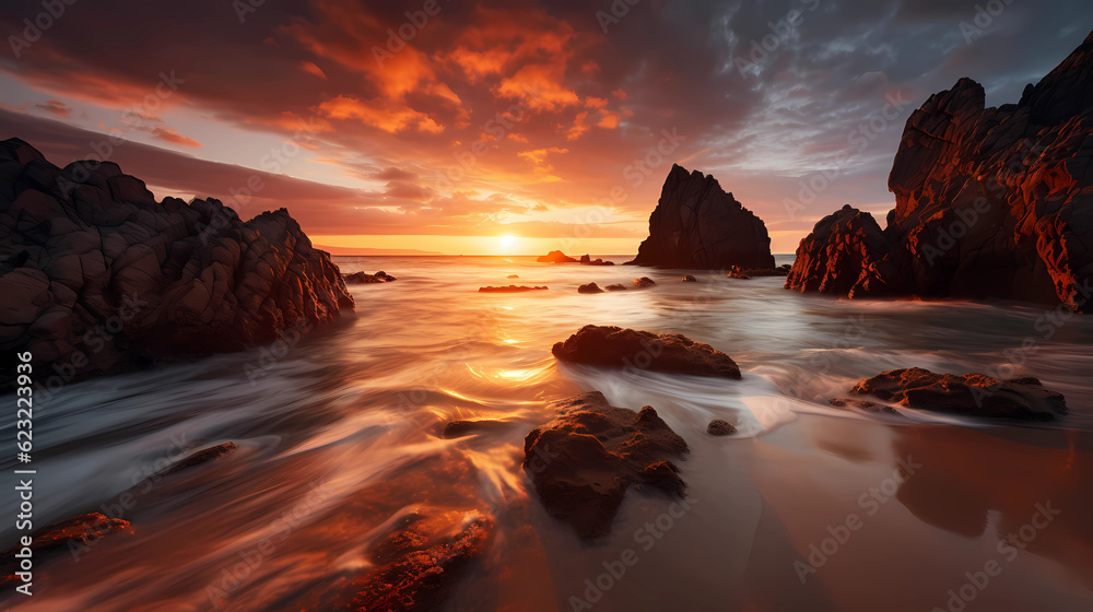 Coastal Tranquility: Rocky Beach, White Sand, and Sunset Sky Over the Ocean