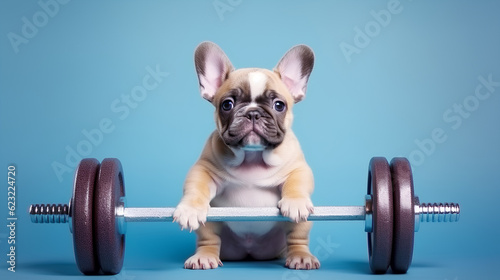 Cute puppy with sports equipment. The concept of sports, fitness, bodybuilding. Generative AI. © Свет Лана