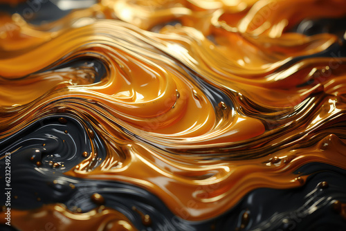 Abstract texture of golden yellow and black paint, waves and divorces, curls. Creative texture emulating flowing lava. Generative AI 3d illustration.