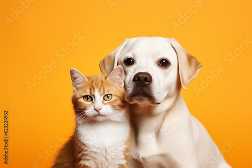 cute dog and cat on orange background, generative ai