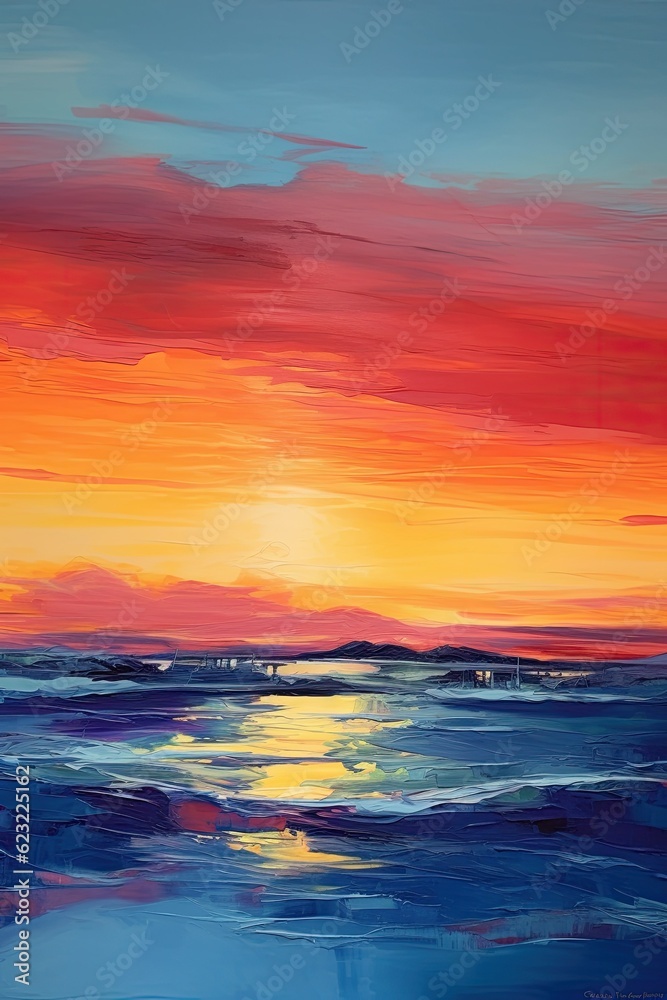 vertical painted landscape summer sea sunset painted with acrylics 