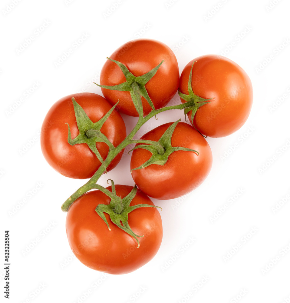 Close up of a branch of red tomatoes isolated on a white background, top view. Close up of a branch of red tomatoes isolated on a white background, top view.