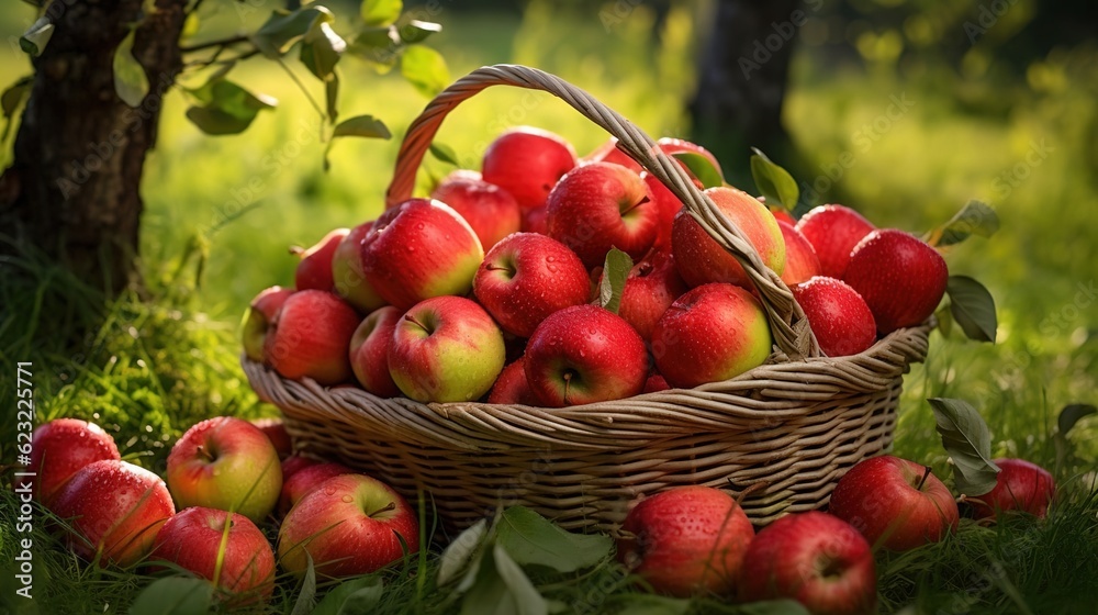 Red apples on green grass in apple orchard, nature background. Created with Generative Ai technology. Red apples on green grass in apple orchard, nature background. Created with Generative Ai technology.