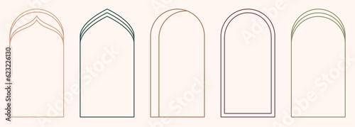 Modern minimalist aesthetic line arch frames in trendy boho style. Modern Y2K vector design outline elements - geometric form for banner, social media, poster. Shape Islamic door and window silhouette