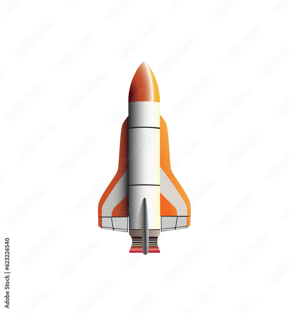 3d rocket with orange plumage on a white background. Vector illustration