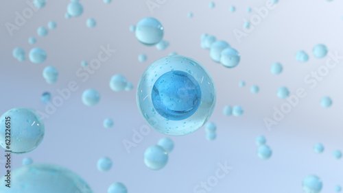 Cosmetic rendering Blue Bubbles liquid serum on a blurry background. Design of collagen bubbles. Essentials of Moisturizing and Serum Concept. Concept of vitamins for beauty and health.