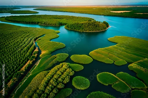 The contrasting shades of green create a striking visual tapestry, as the mangroves stretch as far as the eye can see. AI-Generated