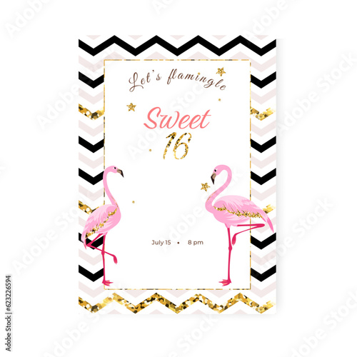 Gold glitter Sweet Sixteen invitation card with two flamingos. Template.