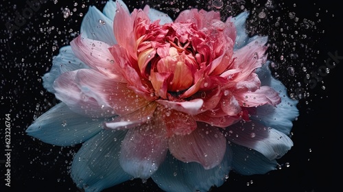  a pink and blue flower with drops of water on it. generative ai