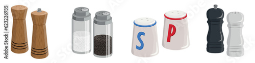 Set of beautiful salt and pepper shakers in a cartoon style. Vector illustration of a variety of salt and pepper shakers: wooden, glass, porcelain, with inscriptions isolated on a white background. photo