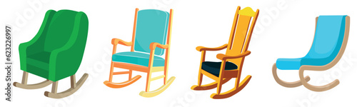 Set of beautiful colored rocking chairs in a cartoon style. Vector illustration of vintage rocking chairs of different shapes and designs with wooden armrests isolated on white background.