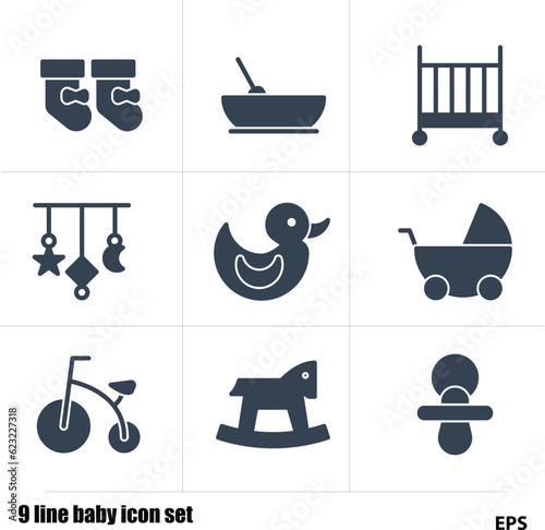 9 line baby icon set