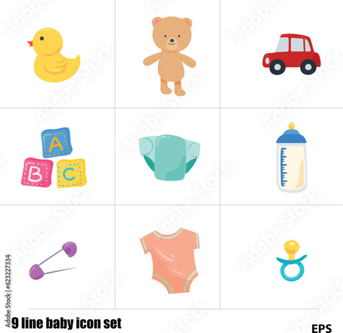 9 line baby icon set