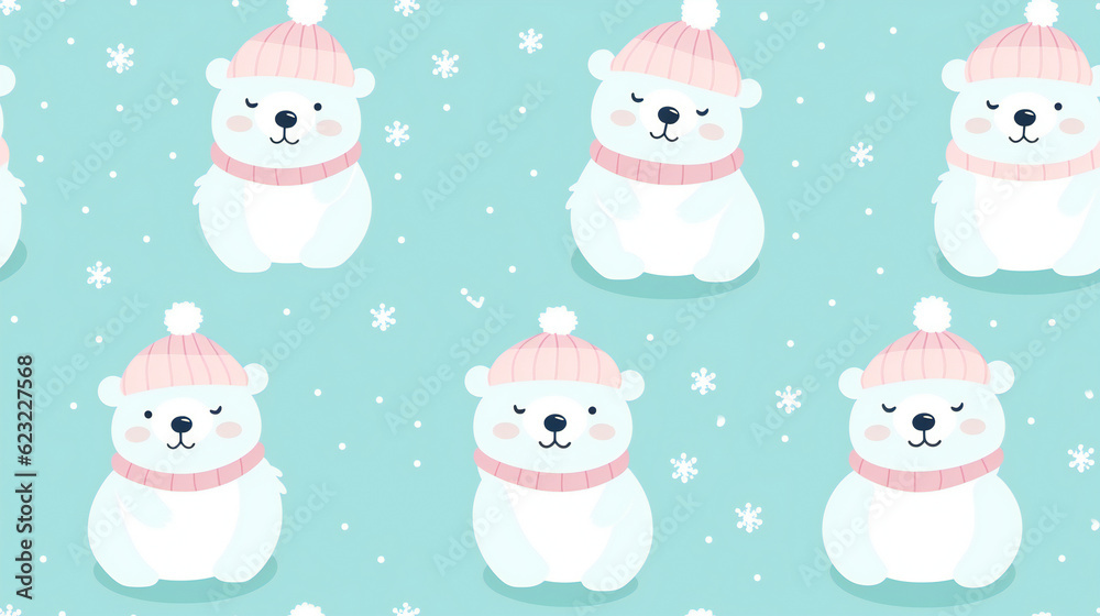 seamless pattern, icebear with hat and scarf, snow, turquoise background seamless pattern, icebear with hat and scarf, snow, turquoise background
