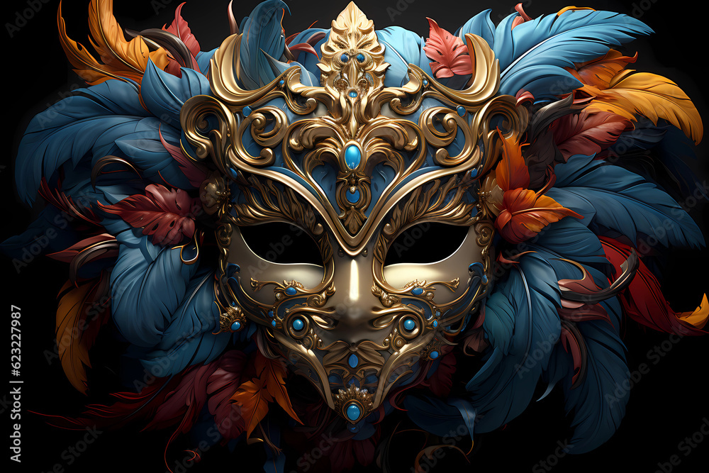 Artistic golden male mask with feathers on a dark background. Generative AI