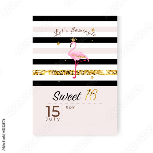 Gold glitter Sweet Sixteen invitation card with a flamingo. Template.