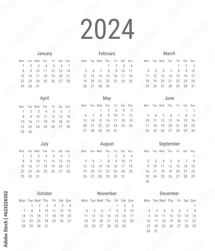 2024 calendar planner template. Monthly minimalistic calendar in black colors 2024 calendar planner template. Monthly minimalistic calendar in black colors