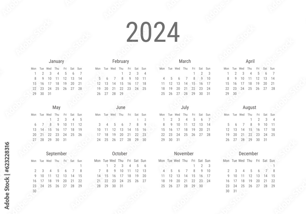 2024 calendar planner template. Monthly minimalistic calendar in black colors 2024 calendar planner template. Monthly minimalistic calendar in black colors