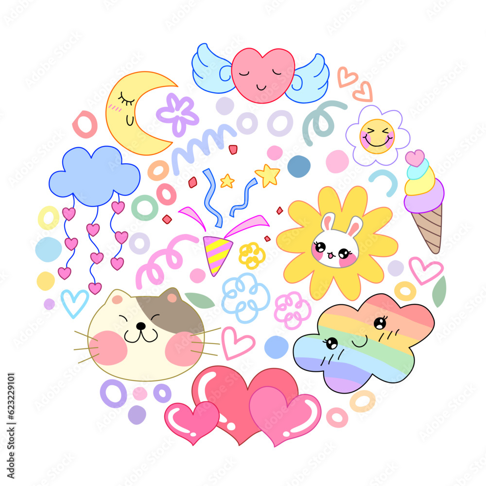 cute of set for sticker , postcard , invitation . vector illustration for kids on a circle background cute of set for sticker , postcard , invitation . vector illustration for kids on a circle background