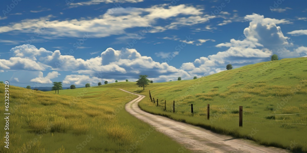 Fototapeta AI Generated. AI Generative. Green field blue sky nature outdoor farming grass landscape background adventure explore road go move travel. Graphic Art