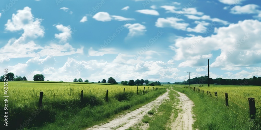 AI Generated. AI Generative. Green field blue sky nature outdoor farming grass landscape background adventure explore road go move travel. Graphic Art