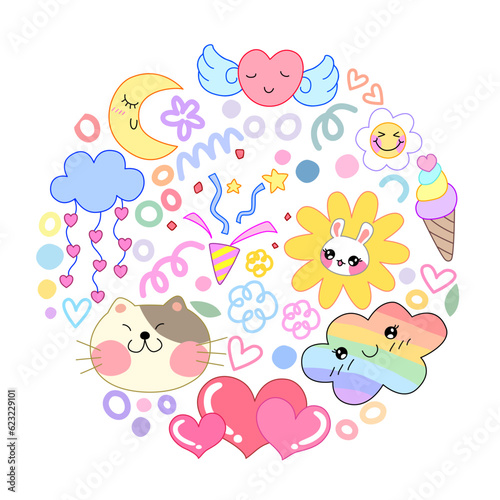 cute of set for sticker   postcard   invitation . vector illustration for kids on a circle background