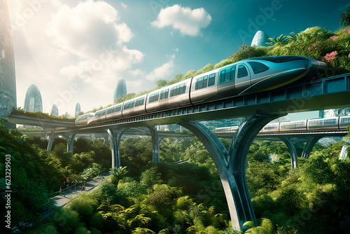 Maglev train speeding through futuristic eco-friendly city photo