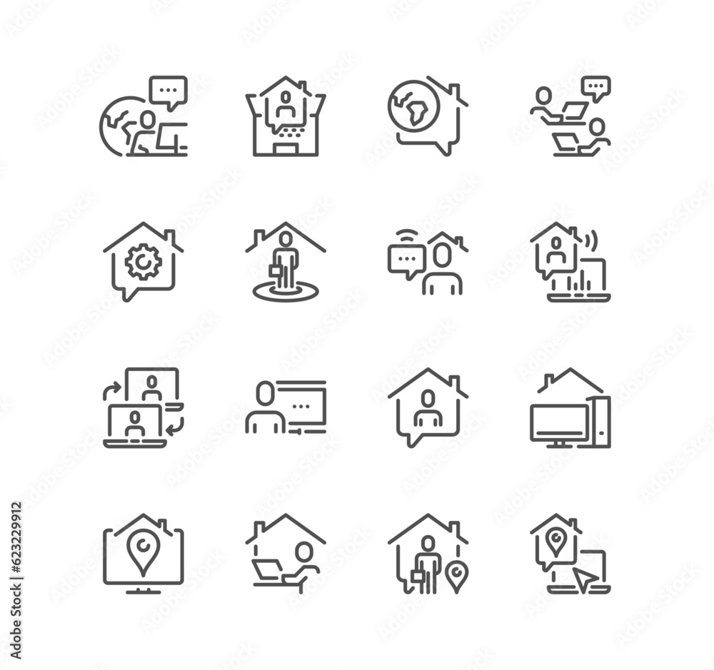Fototapeta premium Set of work place related icons, remote worker, freelance job, office employee, internet work, remote teamwork, video conference, coworking and linear variety vectors.