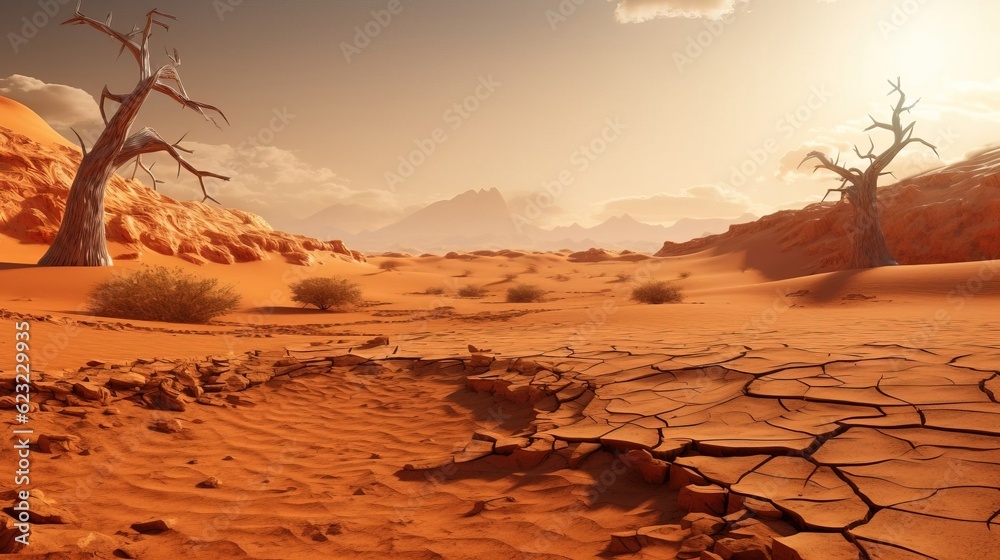 Dry soil in the desert, sunny day in desert. Created with Generative Ai technology.