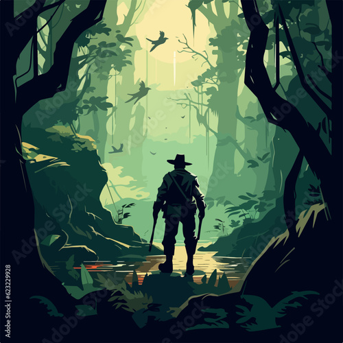 Hunter portrait in jungle flat design vector  