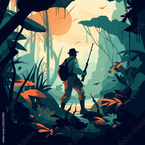 Hunter portrait in jungle flat design vector  