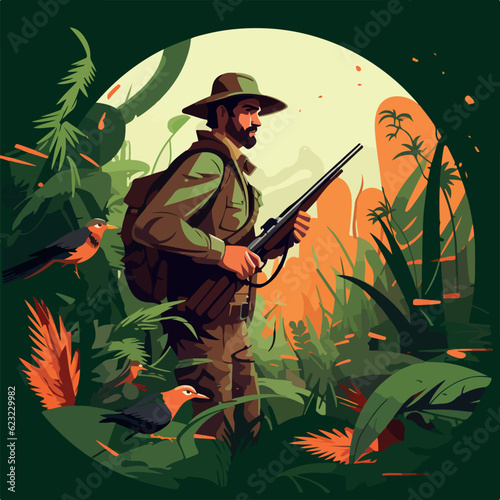 Hunter portrait in jungle flat design vector  