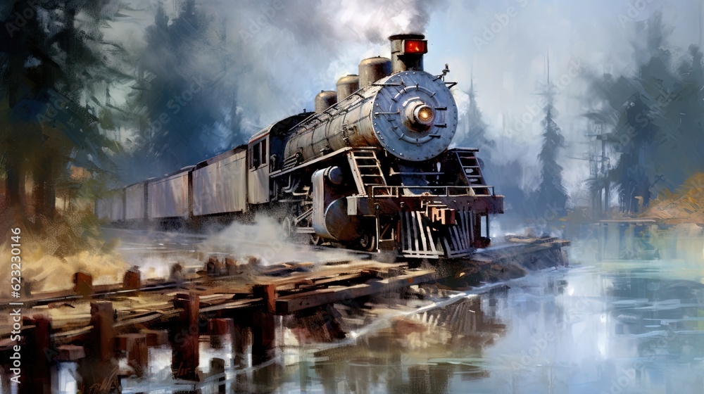  a painting of a train on a train track near a body of water.  generative ai