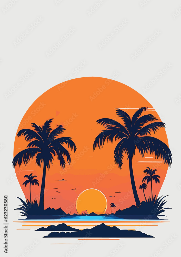 Evening on the beach with palm trees. illustration of tropical beach. Colorful picture for rest. Summer sunset agains