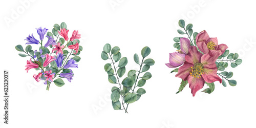 Set of watercolor bouquets with hellebores  eucalyptus branches  hyacinthes. Botanical illustration of spring flowers isolated on white. Compositions for wedding invitation  birthday cards