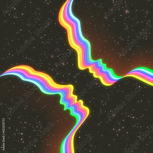 Couple silhouette in space. Abstract human faces outline. LGBT rainbow